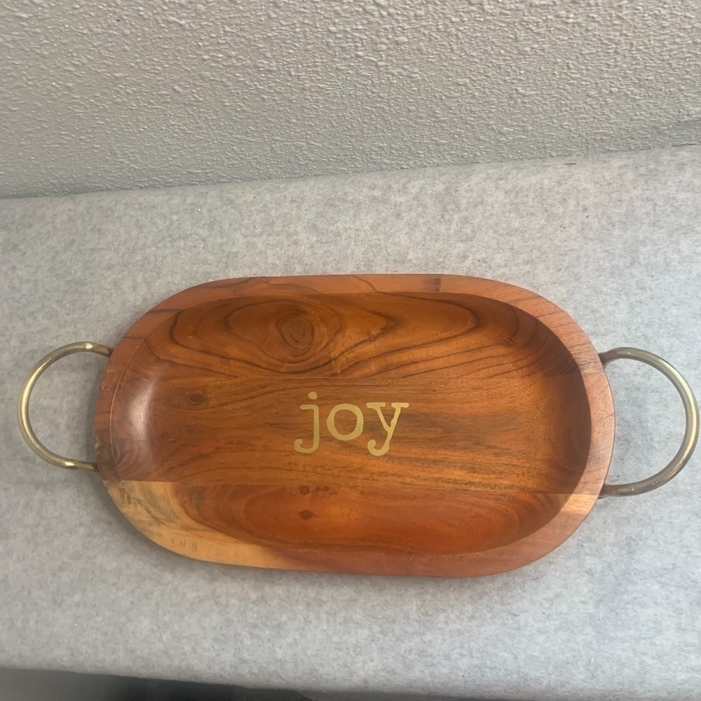 Acacia Holiday Christmas Wood JOY Serving Tray w Brass Handles Threshold 18x8.